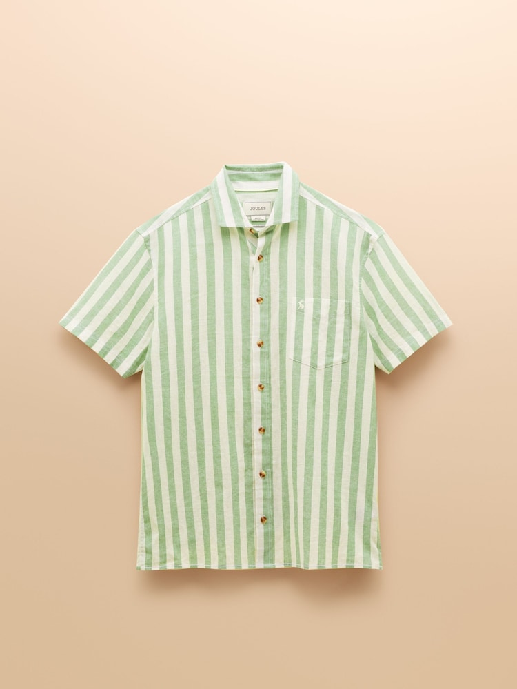 Joules Linen Blend Green/ White Stripe Short Sleeve Shirt - Image 9 of 9