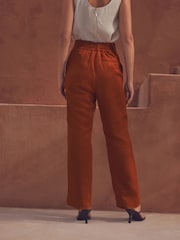 Marron rouille - Pantalon large à dos élastique avec lin - Image 3 of 7