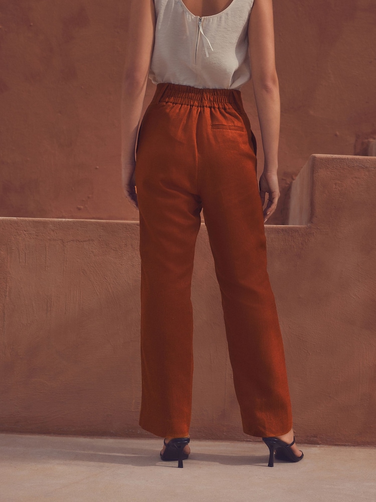 Marron rouille - Pantalon large à dos élastique avec lin - Image 3 of 7