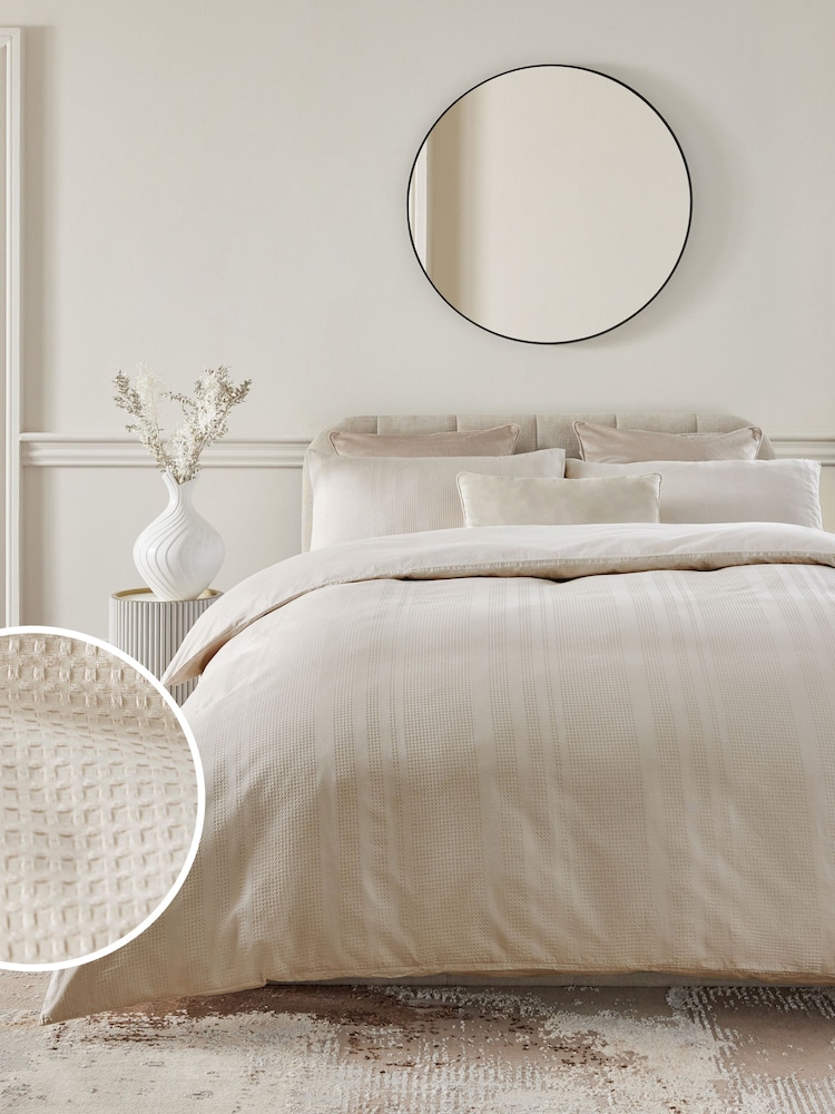 Natural Champagne 100% Cotton Waffle 300 Thread Count Sateen Duvet Cover and Pillowcase Set - Image 1 of 4
