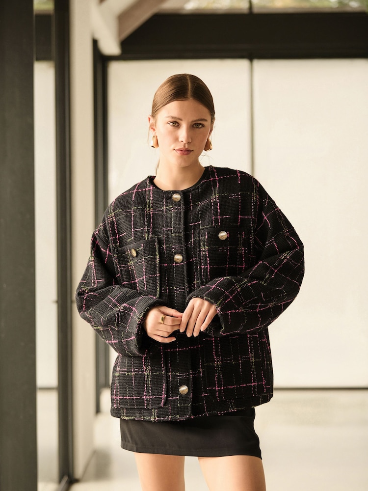 Schwarz - Checked Collarless Jacket - Bild 1 von 9