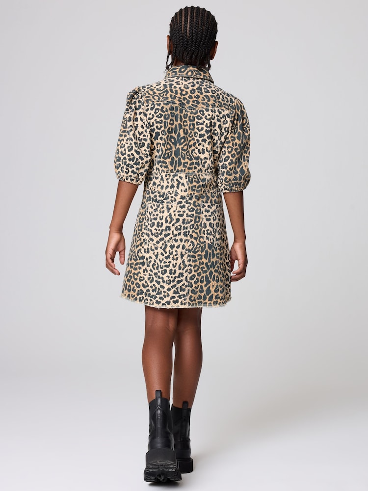 smALLSAINTS Leopard Print Girls Jackie Puff Sleeved Denim Dress - Image 3 of 10