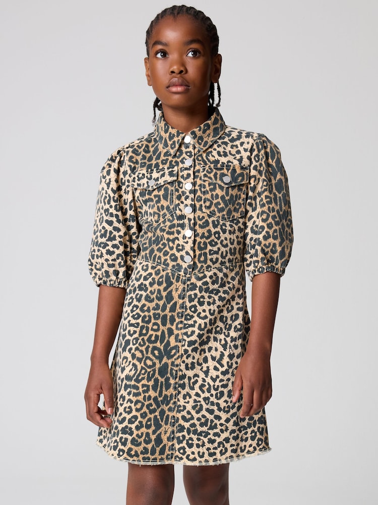 smALLSAINTS Leopard Print Girls Jackie Puff Sleeved Denim Dress - Image 4 of 10