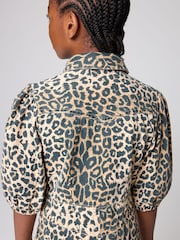 smALLSAINTS Leopard Print Girls Jackie Puff Sleeved Denim Dress - Image 5 of 10