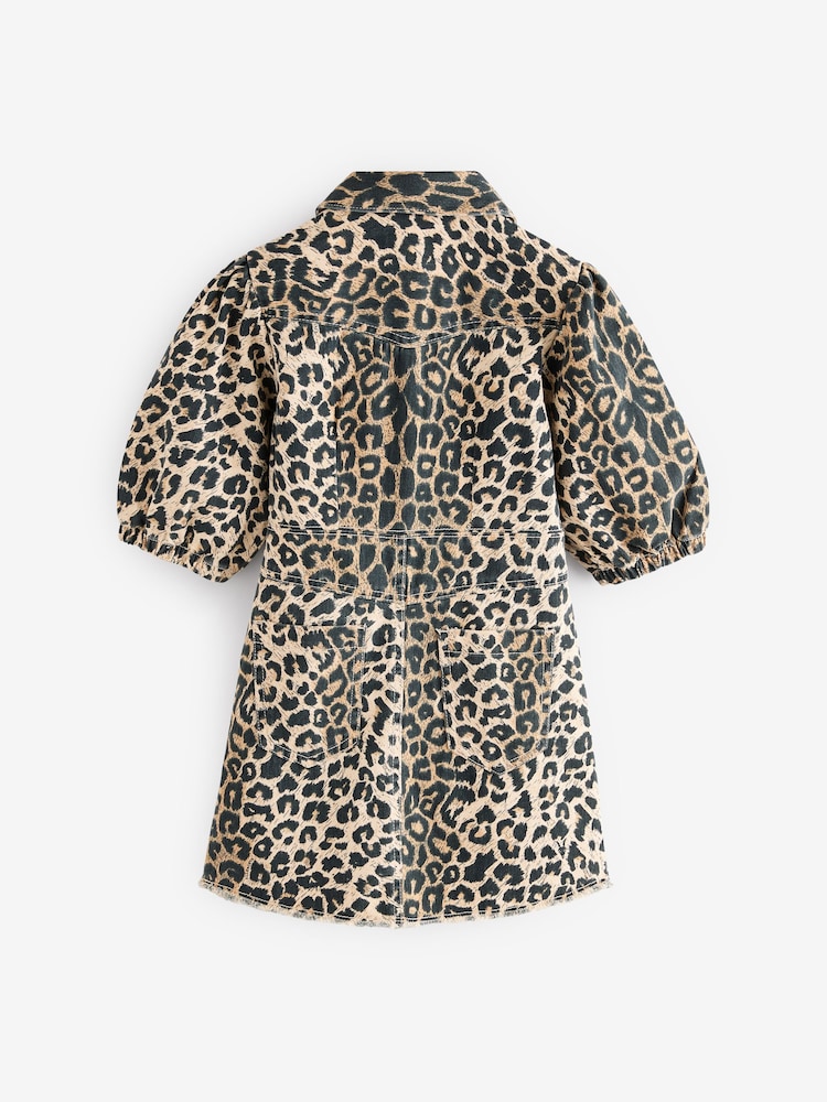 smALLSAINTS Leopard Print Girls Jackie Puff Sleeved Denim Dress - Image 8 of 10
