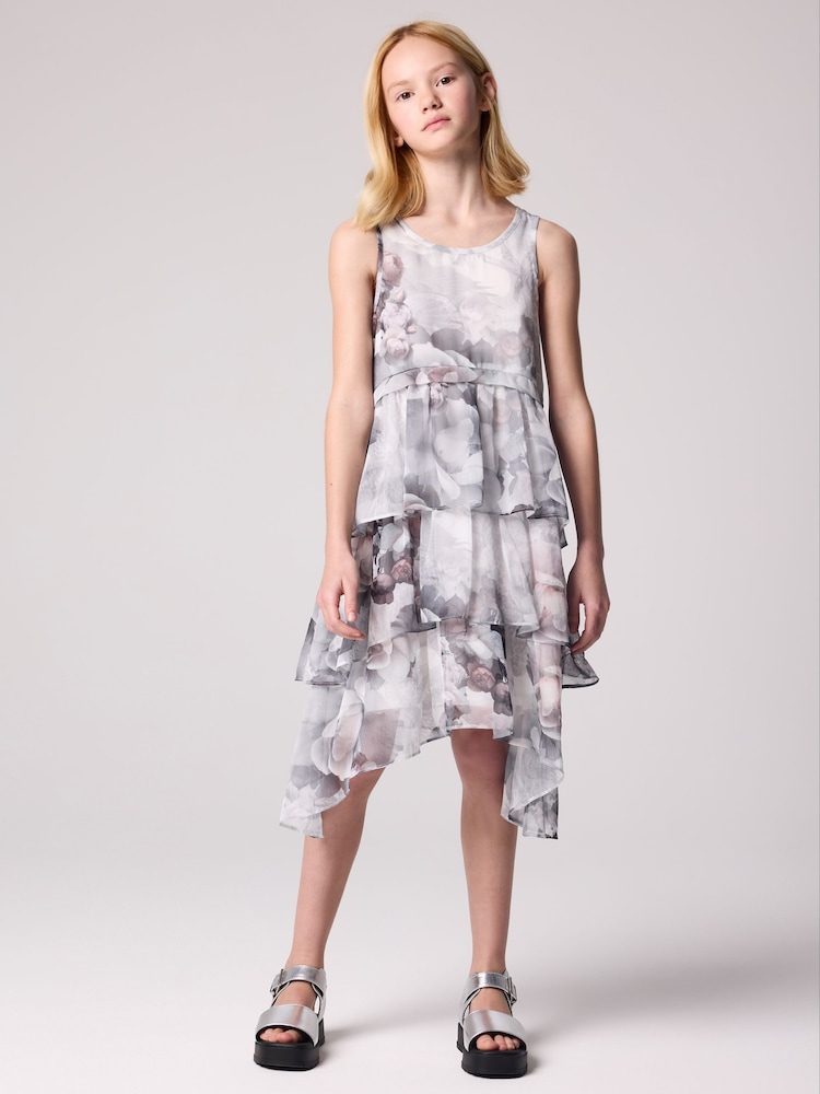 smALLSAINTS Grey Cavarly Floral Valley Girls Ruffled Dress - Image 1 of 4