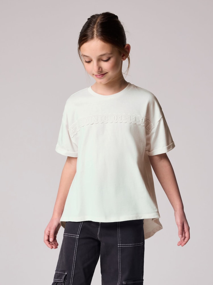 smALLSAINTS White Girls Logo Lace Pleat Back T-Shirt - Image 1 of 9