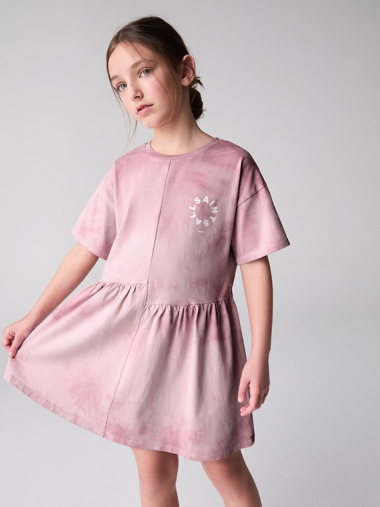 smALLSAINTS Pink Girls Tierra Logo Tie Dye Asymmetric T-Shirt Dress - Image 1 of 8
