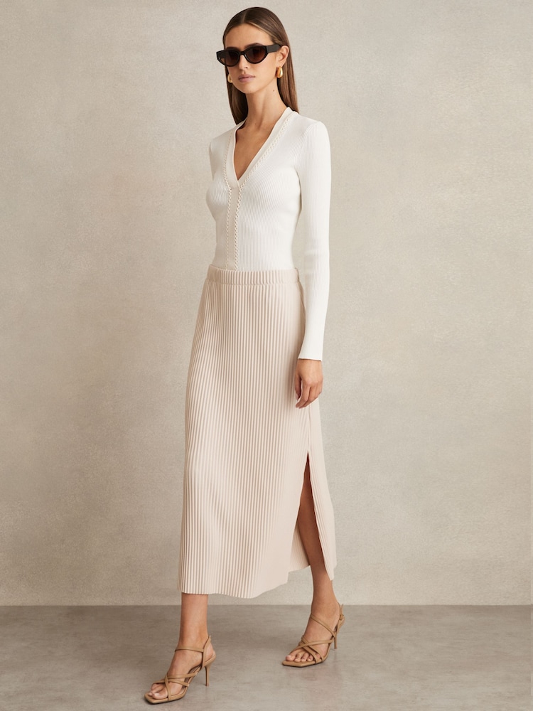 Reiss Stone Pippa Pleated Jersey Midi Skirt - Image 1 of 6