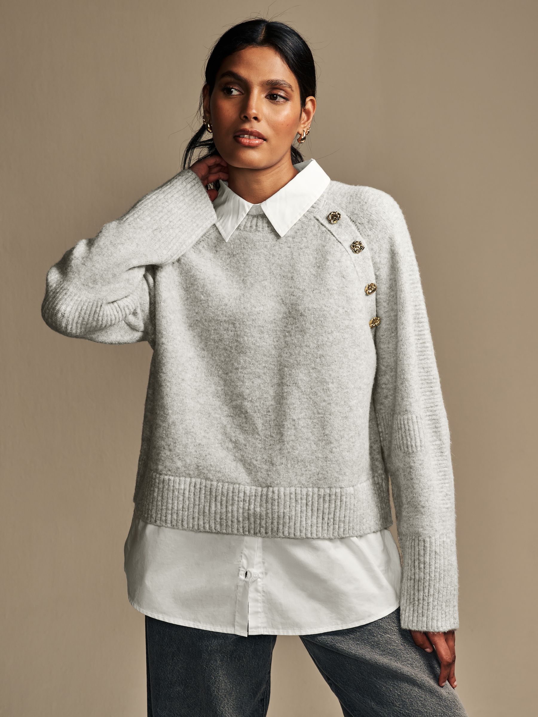 Buy Grey Layered Long Sleeve Collared Gold Detailed Button