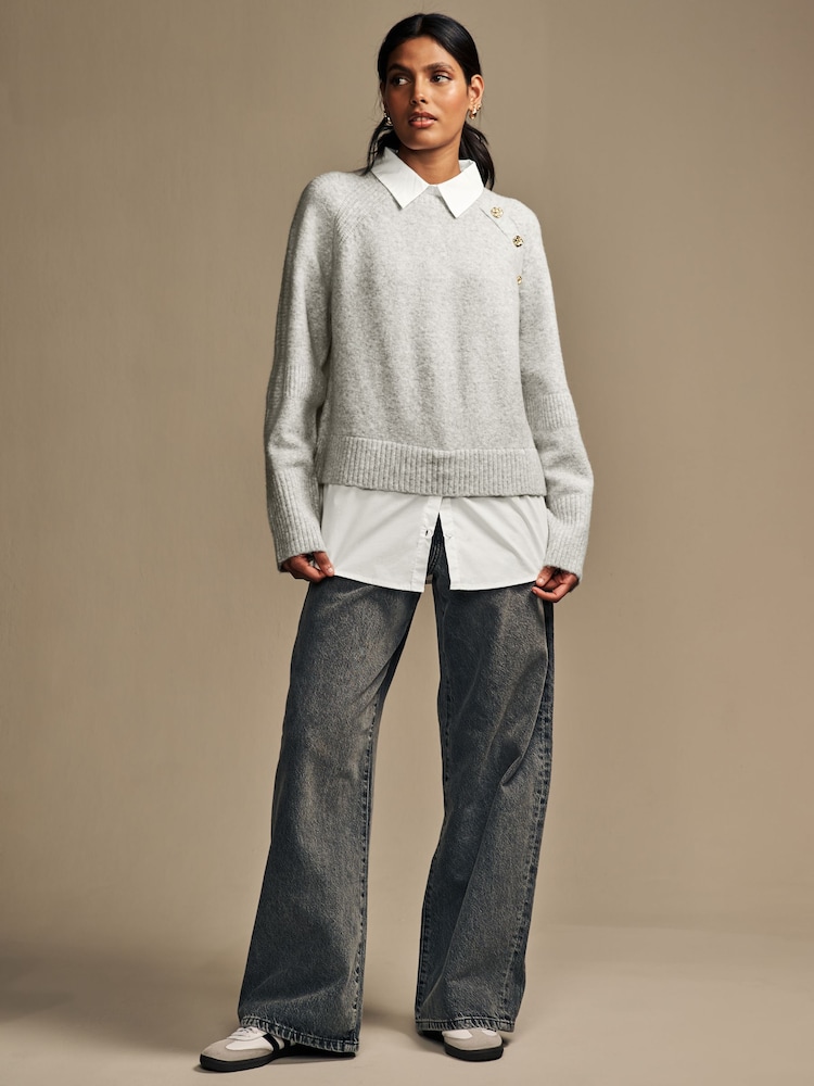 Grey Layered Long Sleeve Collared Gold Detailed Button Jumper with Wool and 100% Cotton Shirt - Image 3 of 8