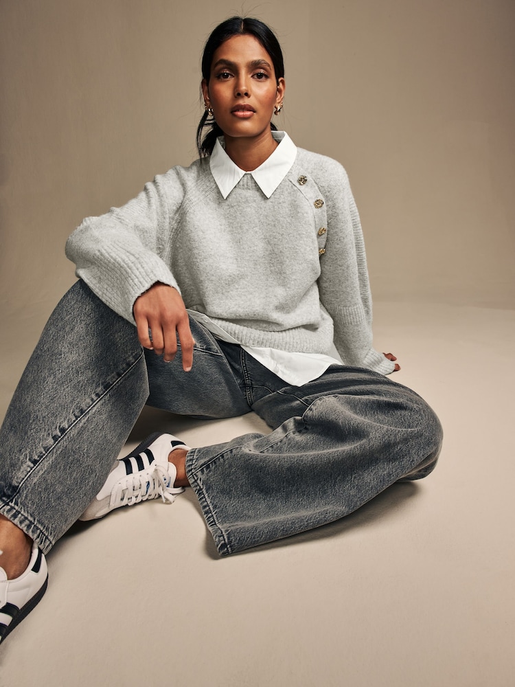 Grey Layered Long Sleeve Collared Gold Detailed Button Jumper with Wool and 100% Cotton Shirt - Image 4 of 8
