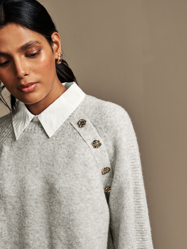 Grey Layered Long Sleeve Collared Gold Detailed Button Jumper with Wool and 100% Cotton Shirt - Image 5 of 8