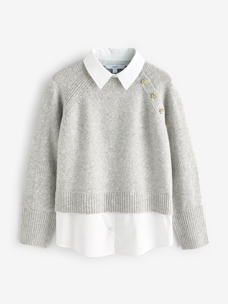Grey Layered Long Sleeve Collared Gold Detailed Button Jumper with Wool and 100% Cotton Shirt - Image 6 of 8