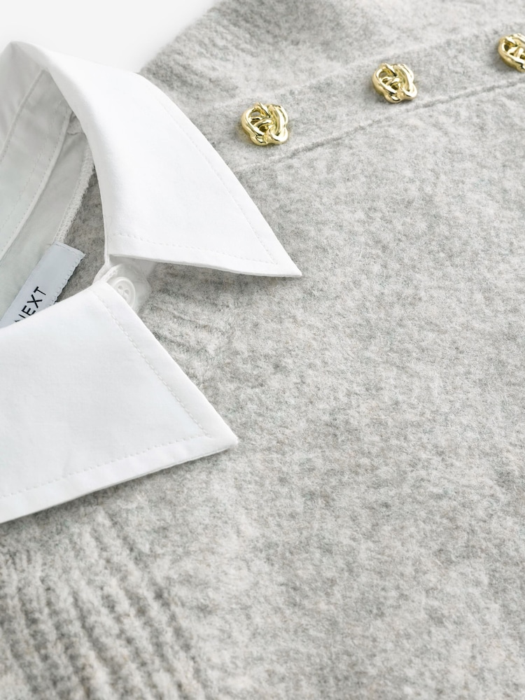 Grey Layered Long Sleeve Collared Gold Detailed Button Jumper with Wool and 100% Cotton Shirt - Image 7 of 8
