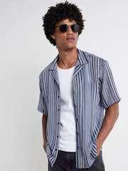 River Island Blue Regular Fit Crochet Stripe Revere 100% Cotton Shirt - Image 1 of 4