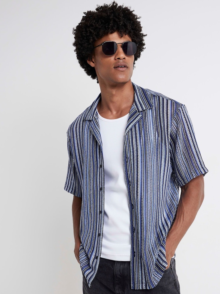 River Island Blue Regular Fit Crochet Stripe Revere 100% Cotton Shirt - Image 1 of 4