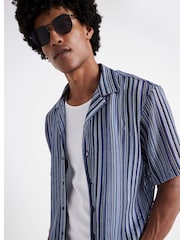 River Island Blue Regular Fit Crochet Stripe Revere 100% Cotton Shirt - Image 2 of 4
