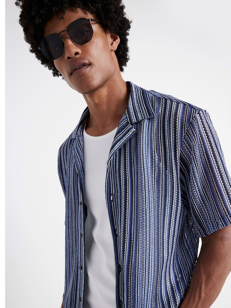 River Island Blue Regular Fit Crochet Stripe Revere 100% Cotton Shirt - Image 2 of 4