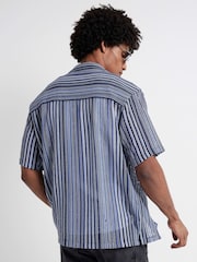 River Island Blue Regular Fit Crochet Stripe Revere 100% Cotton Shirt - Image 3 of 4
