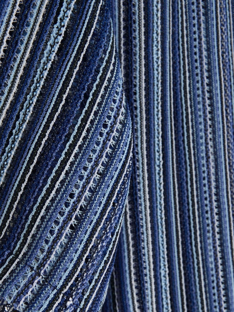 River Island Blue Regular Fit Crochet Stripe Revere 100% Cotton Shirt - Image 4 of 4