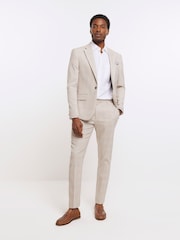 River Island Brown Check Regular Fit Suit Trousers - Image 1 of 4