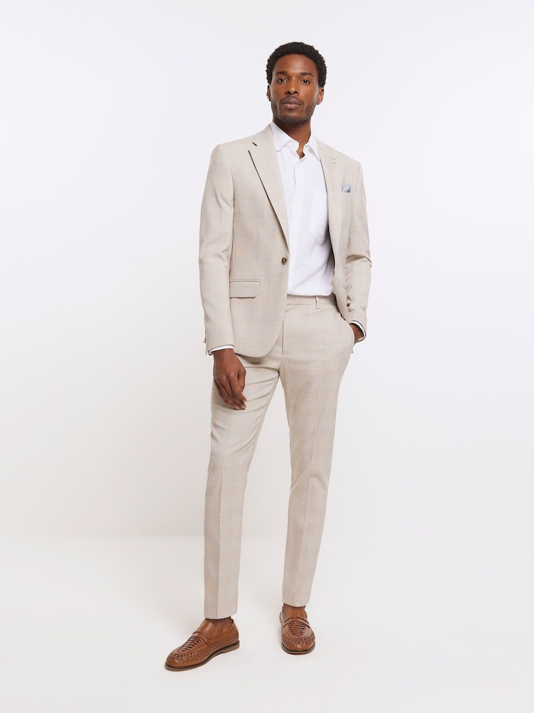River Island Brown Check Regular Fit Suit Trousers - Image 1 of 4