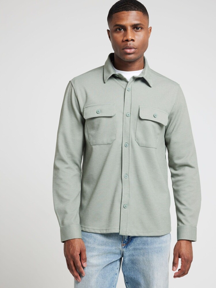 River Island Green Regular Fit 100% Cotton Long Sleeve Jersey Overshirt - Image 2 of 4 River Island Green Regular Fit 100% Cotton Long Sleeve Jersey Overshirt - Image 2 of 4