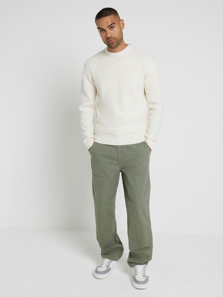 River Island Cream Slim Fit Long Sleeve Waffle Crew Sweatshirt - Image 1 of 6