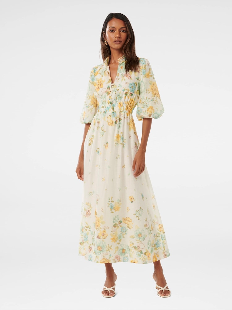 Forever New White Ivy Petite Puff Sleeves Midi Dress with A Touch Of Linen - Image 1 of 4