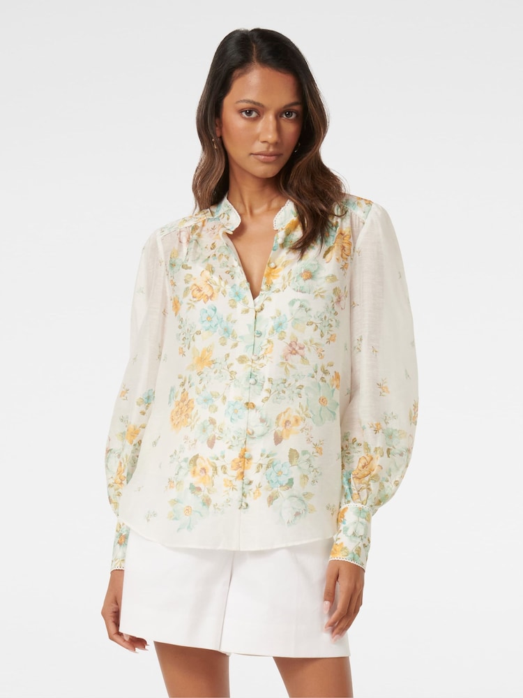 Forever New White Bettina Petite Floral Blouse With A Touch Of Linen - Image 1 of 5 Forever New White Bettina Petite Floral Blouse With A Touch Of Linen - Image 1 of 5