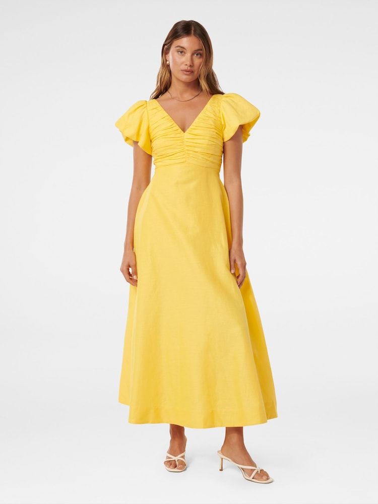 Forever New Yellow Pure Linen June Ruched Midi Dress - Image 1 of 4