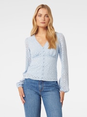 Forever New Blue Serenity Button Front Lace Top - Image 1 of 5
