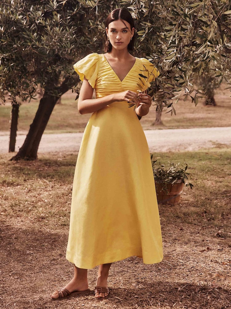 Forever New Yellow Pure Linen June Ruched Midi Dress - Image 1 of 5