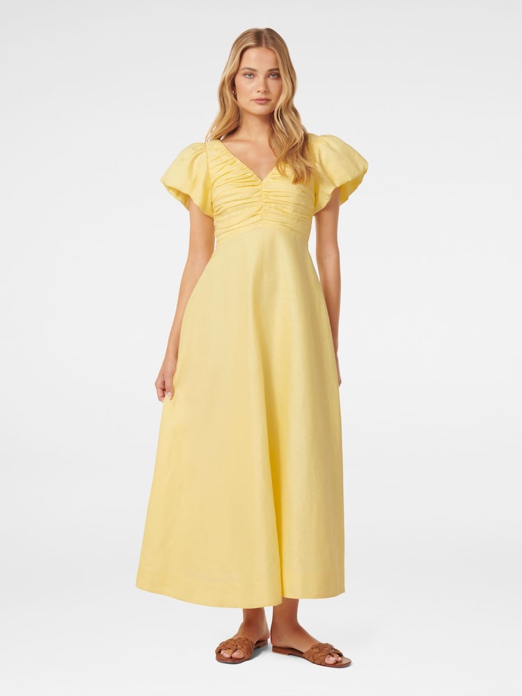 Forever New Yellow Pure Linen June Ruched Midi Dress - Image 2 of 5