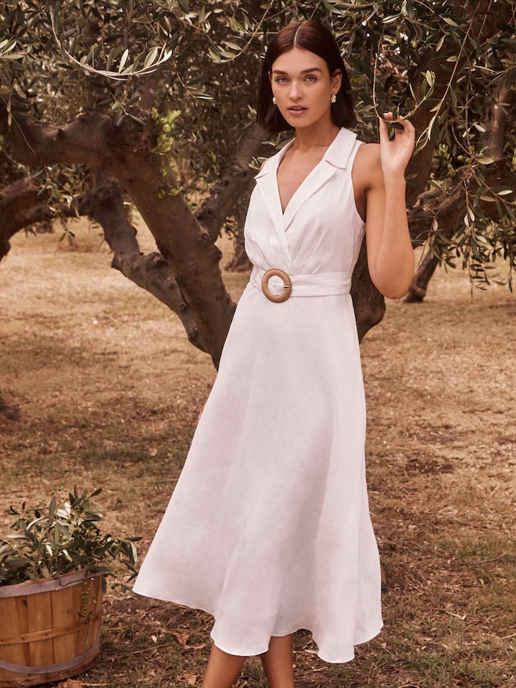 Forever New White Pure Linen Paulina Collar Detail Belted Midi Dress - Image 1 of 5