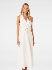 Forever New White Pure Linen Paulina Collar Detail Belted Midi Dress - Image 2 of 5