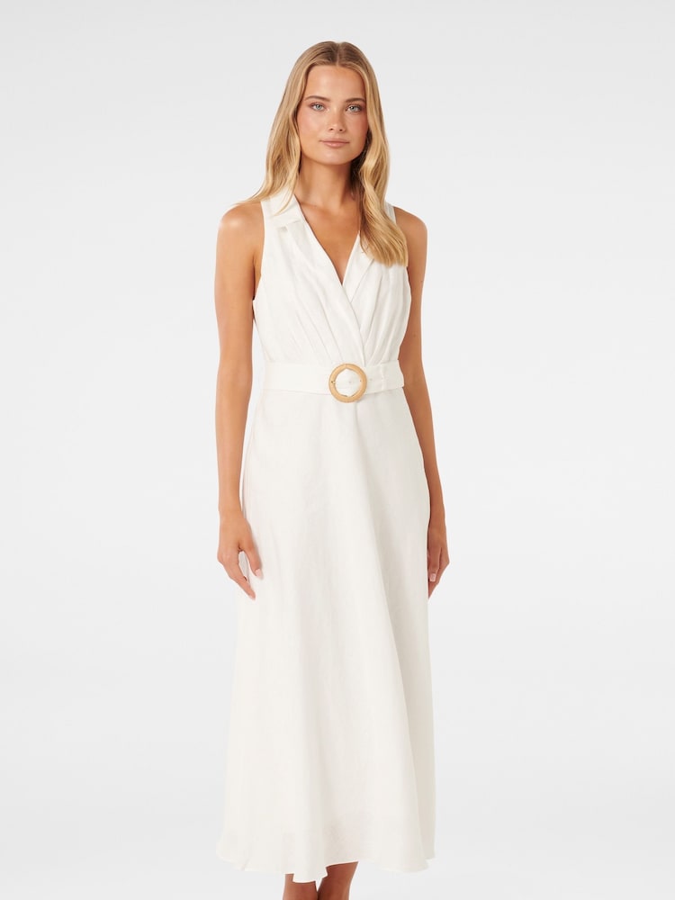 Forever New White Pure Linen Paulina Collar Detail Belted Midi Dress - Image 2 of 5
