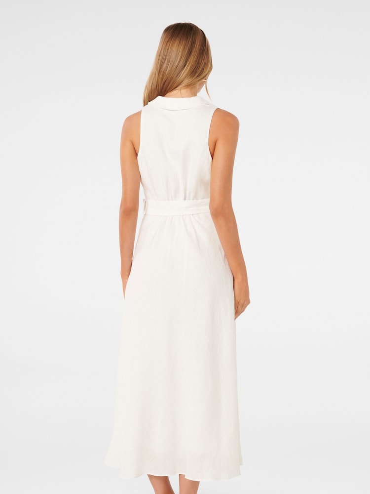 Forever New White Pure Linen Paulina Collar Detail Belted Midi Dress - Image 5 of 5