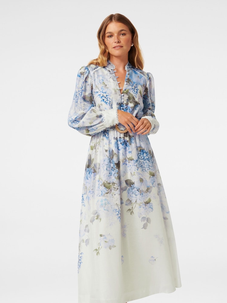 Forever New Blue Peyton Petite Trim Detail Midi Dress with a Touch of Linen - Image 1 of 4