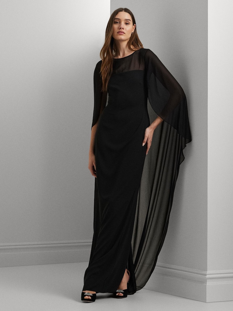 Lauren Ralph Lauren Silky Cape Georgette Black Gown - Image 1 of 7