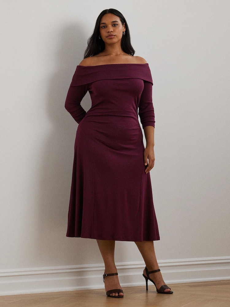 Lauren Ralph Lauren Curve Burgundy Red Off-The-Shoulder Jersey Dress - Image 2 of 8