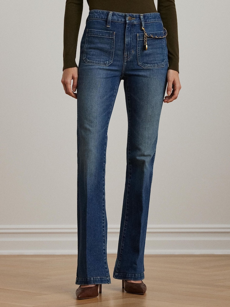 Lauren Ralph Lauren Chain Trim High Rise Flare Denim Brown 100% Cotton Jeans - Image 1 of 8