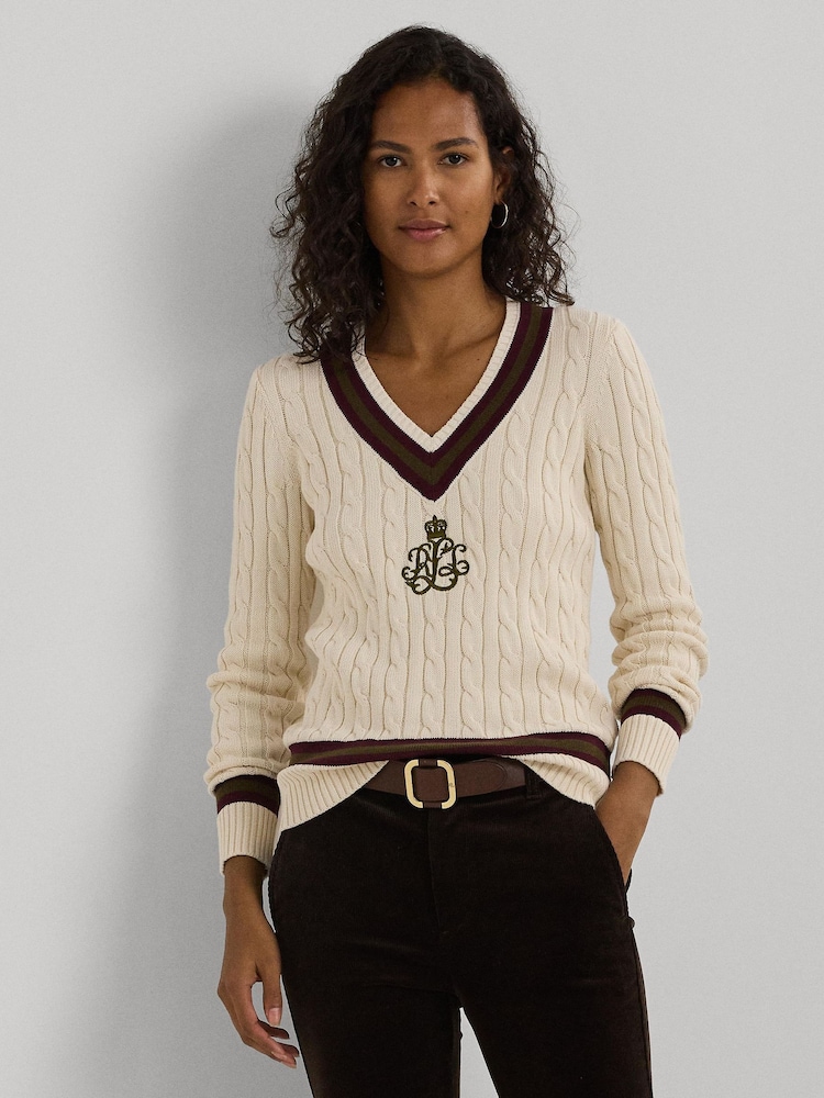 Pulover de cricket Lauren Ralph Lauren Cream tricotat cu torsade 100% bumbac cu logo - Imaginea 1 din 7