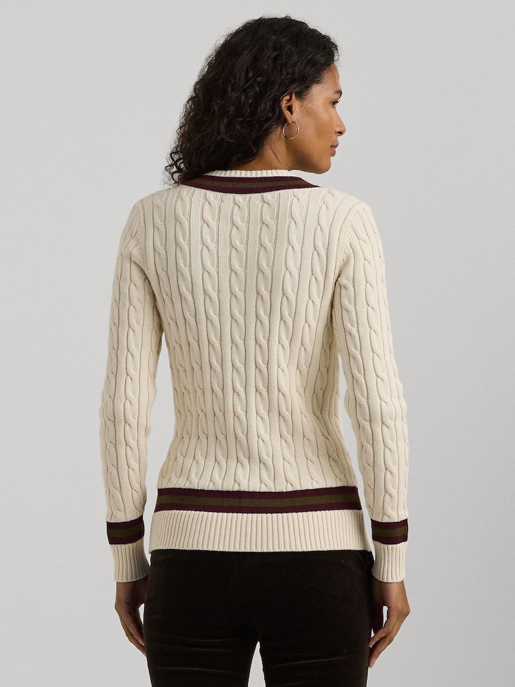 Pulover de cricket Lauren Ralph Lauren Cream tricotat cu torsade 100% bumbac cu logo - Imaginea 2 din 7