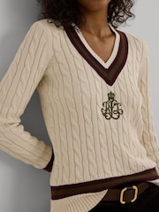 Pulover de cricket Lauren Ralph Lauren Cream tricotat cu torsade 100% bumbac cu logo - Imaginea 4 din 7
