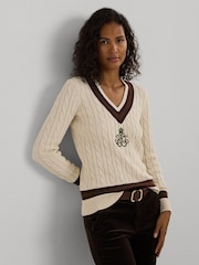 Pulover de cricket Lauren Ralph Lauren Cream tricotat cu torsade 100% bumbac cu logo - Imaginea 5 din 7