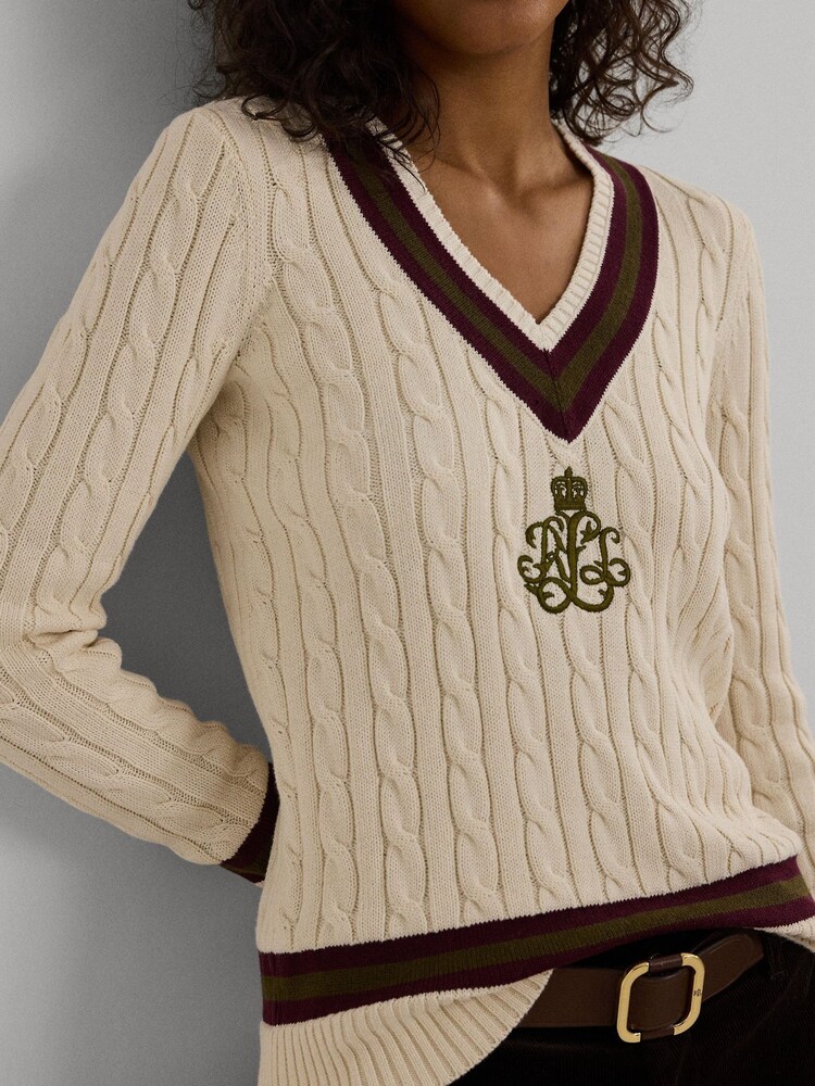 Lauren Ralph Lauren Cream Cable-Knit 100% Cotton Logo Cricket Jumper - Image 5 de 5