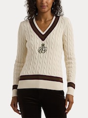 Pulover de cricket Lauren Ralph Lauren Cream tricotat cu torsade 100% bumbac cu logo - Imaginea 6 din 7