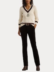 Pulover de cricket Lauren Ralph Lauren Cream tricotat cu torsade 100% bumbac cu logo - Imaginea 7 din 7
